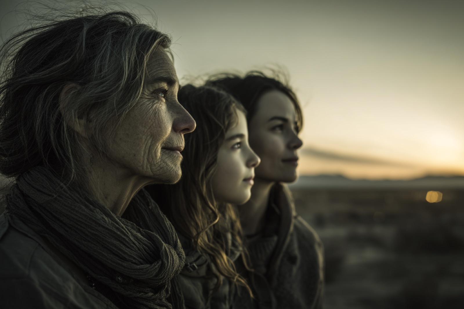 A multigenerational family standing together outdoors at first light